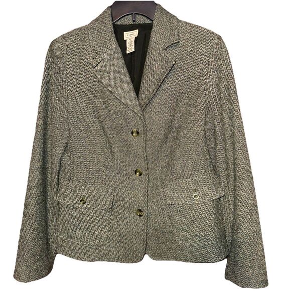 LL Bean Blazer Jacket Women Medium Regular Green Tweed Wool Silk Blend - Picture 1 of 5